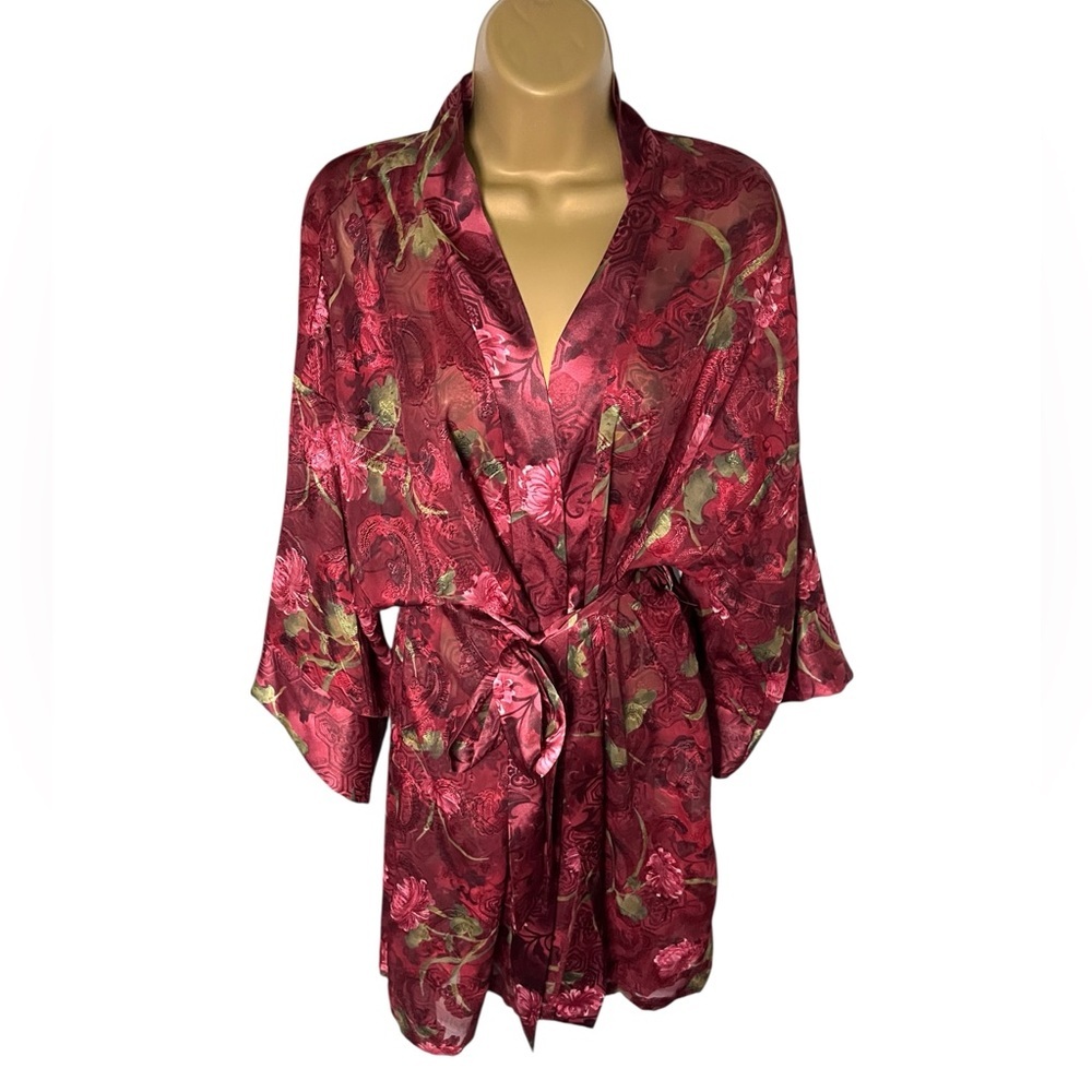 Vintage Y2K Sophia by Delicates Satin Belted Robe Floral Jacquard Burgundy L